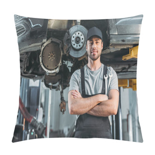 Personality  Smiling Workman Posing With Crossed Arms In Auto Mechanic Shop Pillow Covers
