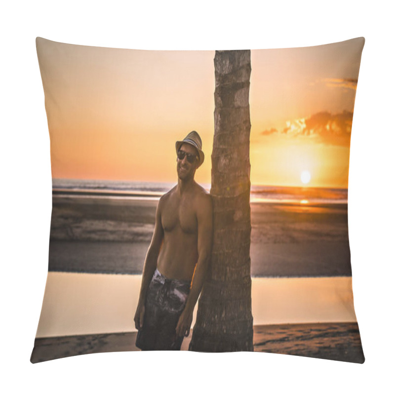 Personality  A Man With Straw Hat On The Beach At Sunset Looks And Smiles And Smiles Pillow Covers