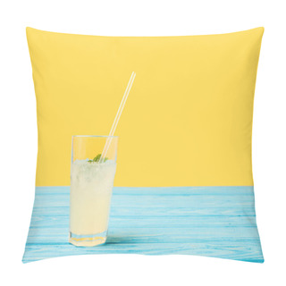 Personality  Fresh Cold Summer Drink In Glass With Drinking Straw On Turquoise Wooden Table Top   Pillow Covers