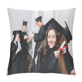 Personality  Selective Focus Of Cheerful Girl Holding Diploma And Hugging Near Students  Pillow Covers