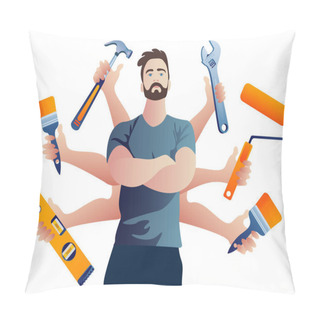 Personality  Multi-armed Builder Repairman. Technical Service Vector Illustration. Pillow Covers