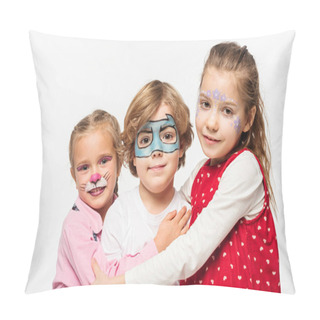 Personality  Happy Friends With Colorful Face Paintings Embracing While Looking At Camera Isolated On White Pillow Covers