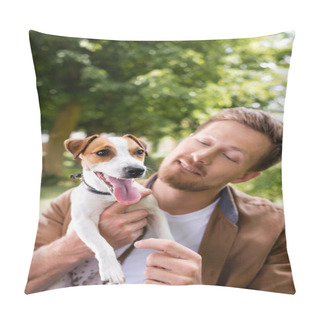 Personality  Young Man Holding White Jack Russell Terrier Dog With Brown Spots On Head In Park Pillow Covers