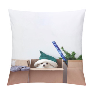 Personality  In Three Boxes There Is A Dog In An Elf Hat, Mittens And An Artificial Christmas Tree Are Lying. Pillow Covers