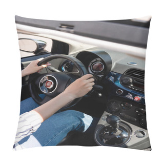 Personality  Cropped View Of Woman In Casual Clothes Driving Auto  Pillow Covers