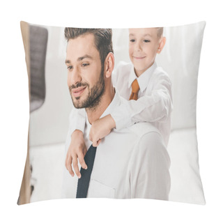 Personality  Cheerful Boy Embracing Bearded Dad In White Shirt At Home Pillow Covers