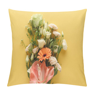 Personality  Top View Of Spring Floral Bouquet On Yellow Background Pillow Covers