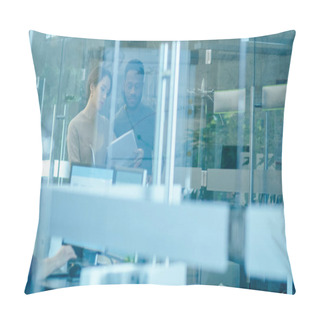Personality  Busy International Office, Beautiful Caucasian Woman Shows Documents To A Black Colleague While Walking Through Glass Hallway. In The Background Diverse Group Of Creative Colleagues Working. Pillow Covers