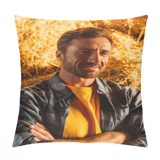 Personality  Rancher In Plaid Shirt Near Bale Of Hay Looking Away In Sunshine Pillow Covers