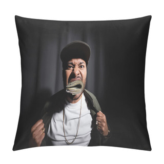 Personality  Indian Hip Hop Performer In Cap Biting Bundle Of Dollar Banknotes On Black  Pillow Covers