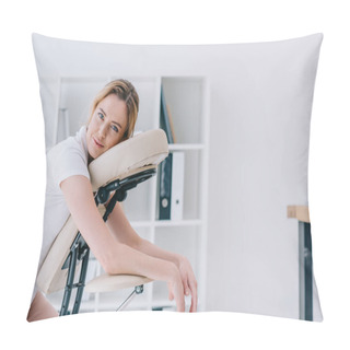 Personality  Happy Beautiful Woman Sitting On Massage Chair At Office Pillow Covers