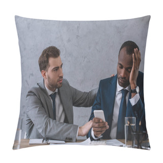 Personality  Young Stylish Businessman Cheering Up Upset Partner With Smartphone In Hand Pillow Covers
