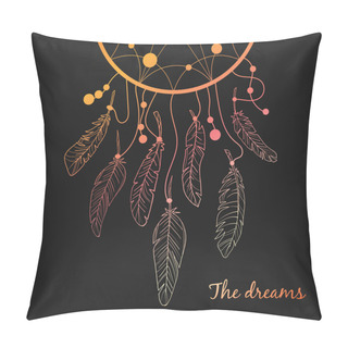 Personality  Vector Dream Catcher With Feathers. Dreams. Vector Illustration. Stock Image. Contour Image. Feathers. Black Background. Gradient Of Yellow And Red. Pillow Covers