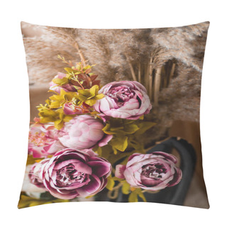 Personality  Large Buds Of Burgundy Peonies, Fluffy Dried Flowers In A Vase, Floral Beautiful Beige Background, Vertical Picture Pillow Covers