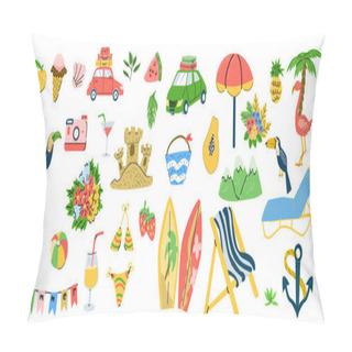 Personality  Big Summer Set Of Hand Drawn Items - Car With Luggage, Umbrella, Swimsuit, Sun, Ball, Beach Chair, Flamingo And Tropical Birds Toucans, Anchor, Photo Camera, Tropical Fruits. Pillow Covers