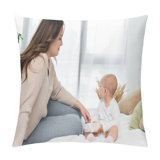 Personality  Pretty Pus Size Woman Sitting Near Baby Daughter With Bottle Of Milk On Bed  Pillow Covers