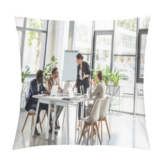 Personality  Multiethnic Businesspeople At Table With Laptops During Conference In Office Pillow Covers