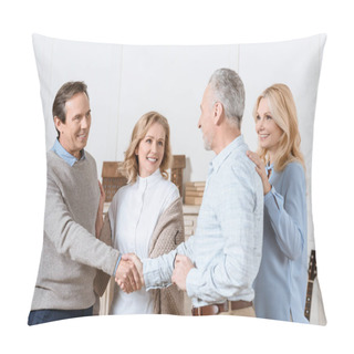 Personality  Couple Of Middle Aged Man And Woman Greeting Their Friends As Guests And Shaking Hands Pillow Covers