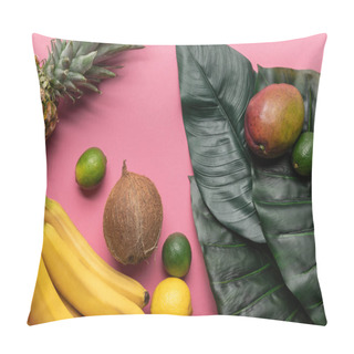 Personality  Whole Ripe Tropical Fruits With Green Leaves On Pink Background Pillow Covers