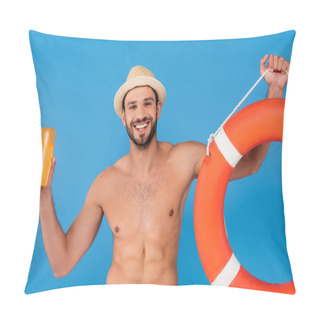 Personality  Smiling Man Holding Life Buoy And Sunscreen Isolated On Blue  Pillow Covers