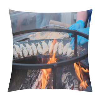 Personality  Chef Cooking European Smelt Fish In Flour On Black At Food Festival Pillow Covers