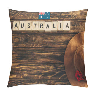 Personality  Top View Of Artificial Flower, Felt Hat And Australian Flag Near Cubes With Australia Lettering On Wooden Surface, Anzac Day Concept  Pillow Covers