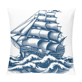Personality  Vintage Wooden Sailing Ship Navigating Through Waves Vector Hatched Drawing Pillow Covers