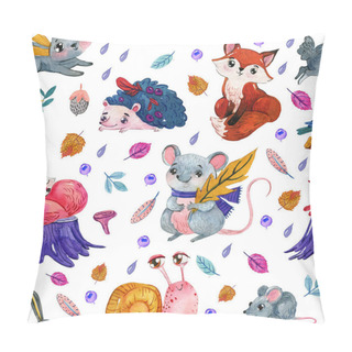 Personality  Watercolor Seamless Pattern With Forest Animals And Plants In A Cartoon Style. Hand Drew The Pattern With  Fox, Bunny, Snail, Bear, Rabbits, Mushrooms, Leaves, Acorn, Trees, Deer, Squirrel, Hedgehog. Pillow Covers