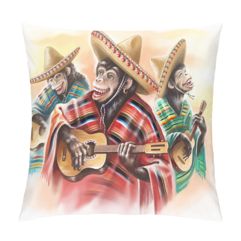 Personality  funny monkeys in a Mexican traditional dress playing guitar. Trio. pillow covers