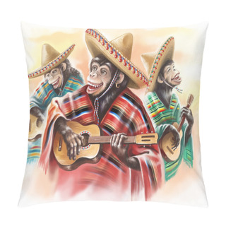 Personality  Funny Monkeys In A Mexican Traditional Dress Playing Guitar. Trio. Pillow Covers