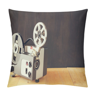 Personality  Old 8mm Film Projector Over Wooden Table And Textured Background Pillow Covers