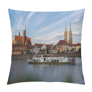 Personality  WROCLAW, POLAND - APRIL 18, 2022: Boat On River With St John Baptist Church At Background  Pillow Covers