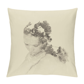 Personality Double Exposure Of Red Flowers In The Beautiful Young Woman. Black And White Image, Vintage Effect Pillow Covers