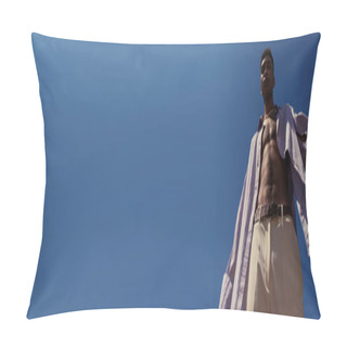 Personality  Low Angle View Of African American Man In Blue Shirt Under Cloudless Sky, Banner Pillow Covers