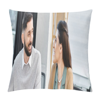Personality  A Man And A Woman Are Seated Together On A Bus, Engrossed In Conversation During Their Daily Commute To Work. Pillow Covers