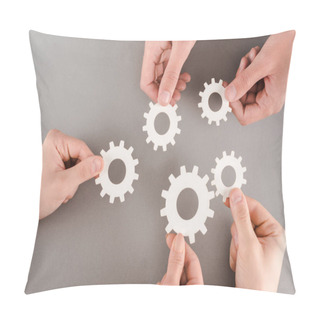 Personality  Cropped View Of People Holding White Gears On Grey Background Pillow Covers