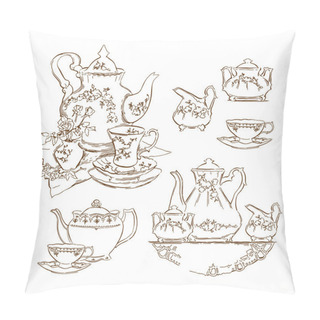 Personality  Hand Made Sketch Of Tea Sets. Vector Illustration. Pillow Covers