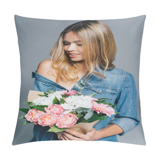 Personality  Seductive Woman In Denim Shirt Holding Bouquet While Posing With Naked Shoulder Isolated On Grey Pillow Covers