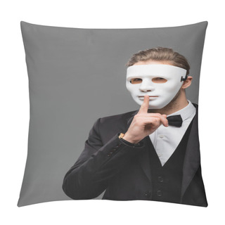 Personality  Businessman In Face Mask Showing Hush Sign Isolated On Grey Pillow Covers