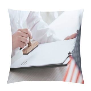 Personality  Selective Focus Of Woman Putting Stamp On Document  Pillow Covers