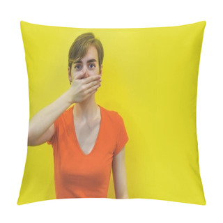Personality  A Young Woman With Short Hair Covered Her Mouth With Her Hands. Isolated On A Yellow Background. Keep It Secret. Space For Text. Concept: Silence, No Talking, I Won't Say Anything. Selective Focus Pillow Covers