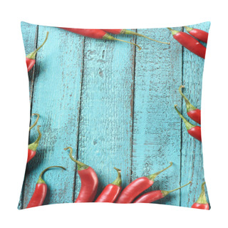 Personality  Top View Of Red Ripe Chili Peppers On Blue Wooden Table Pillow Covers
