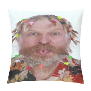 Personality  Close-up Portrait Of A Man With Braids, Mustache And Beard In Colored Shirt On A White Background Studio Pillow Covers