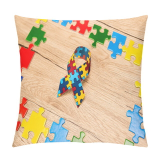 Personality  High Angle View Of Awareness Ribbon With Pieces Of Puzzle On Wooden Background, Autism Concept Pillow Covers