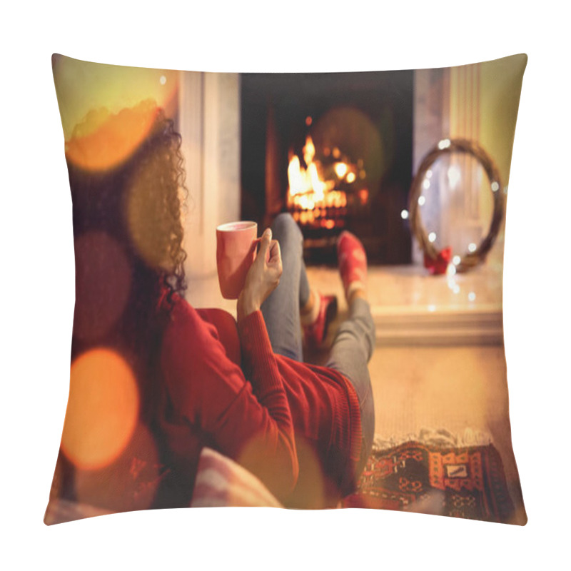 Personality  Composite image of brown parquet against woman at home at christmas time pillow covers