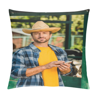 Personality  Rancher In Plaid Shirt And Straw Hat Using Mobile Phone And Looking At Camera On Farm Pillow Covers