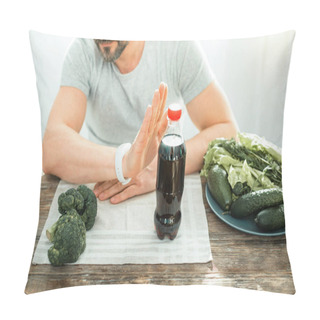 Personality  Unshaken Concentrated Man Gesticulating And Sitting By The Table. Pillow Covers