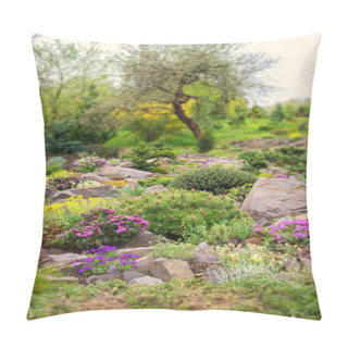 Personality  Rockery In The Garden With Stones And Variety Of Different Flowers And Plants, Nature Landscape, Vertical Background, Tilt-shift (miniature) Effect Pillow Covers