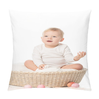 Personality  Child With Raised Hand Sitting In Basket With Easter Eggs Around On White Background Pillow Covers