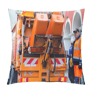 Personality  Soest, Germany - December 31, 2018:  Waste Collection Vehicle With Workers In Germany. Pillow Covers